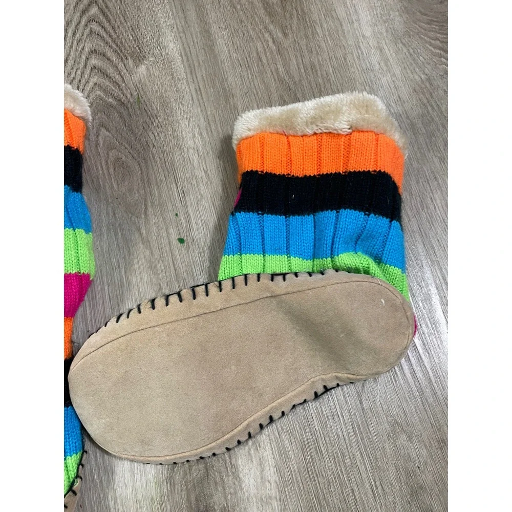 Disney Mickey Mouse Slipper Boots Kids Large XL Striped Knit Faux‎ Fur Lined